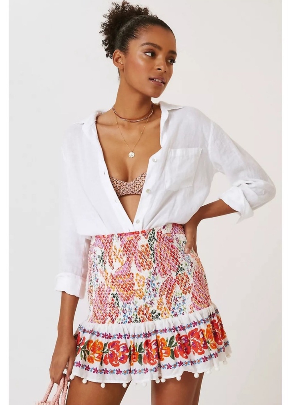Farm Rio Siring Bananas Smocked Cotton Floral Mini Skirt